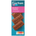 Three Sainsbury's Free From Bourbon Creams, chocolate sandwich biscuits with cream filling, on a plain background.