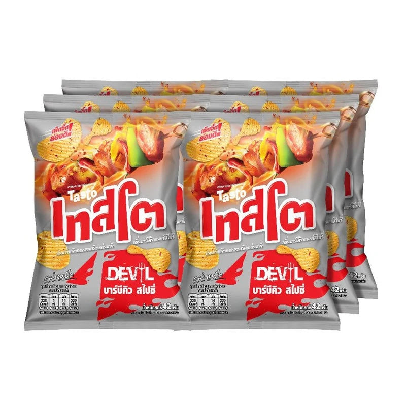 TASTO Crispy Potato Chips Devil BBQ Max Spicy flavor in 42g pack, shown in a colorful bag with spicy seasoning visible.