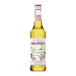 Bottle of MONIN Elder Flower Syrup 700ml for drinks and recipes, with a clear label and colorful floral design on the packaging.