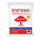 Akane Msg 1kg dry grocery package with white rice grains in a clear bag, showcasing the AKANE brand and product texture.