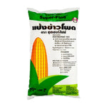 Super-fine Corn Flour 1kg package from SUPER-FINE brand, showing a white bag of dry corn flour on a kitchen countertop.