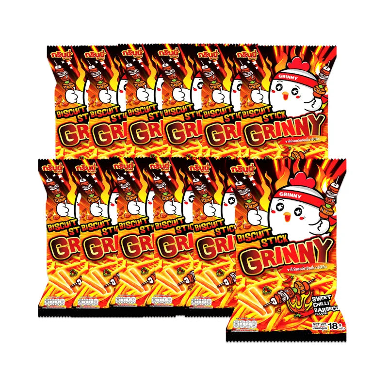 GRINNY Biscuit Stick Sweet Chilli Barbecue flavor, 18g pack of 12, showing crispy snack sticks with spicy sweet chili coating