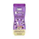 Peachy Cereal Puff Snacks mixed with blueberries, dry grocery snack by PEACHY, showing colorful puffed cereal and blueberries.