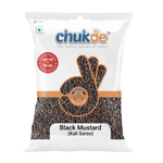 Chuk-De black mustard seeds in a clear container, ready for cooking or seasoning in the grocery aisle.