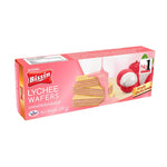 BISSIN lychee flavored cream-filled wafers in a 100g package, dry grocery snack with crispy wafer layers and creamy filling