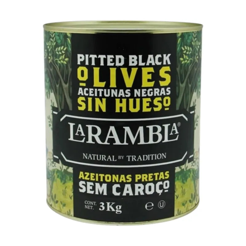 La Rambla pitted black olives in a 3000g container, showing glossy, dark olives ready for cooking or snacking.