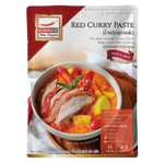 Mae Supen Red Curry Paste jar showing bright red paste inside, labeled as a spicy Thai curry ingredient in a grocery product image.