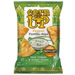 Corn Up Sour Cream and Green Onion confectionery snacks in colorful packaging with green onions and sour cream flavor illustration.