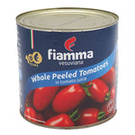 Fiamma Vesuviana whole peeled tomatoes in a 2.55kg package, dry grocery product, showing ripe, peeled tomatoes in a clear container.