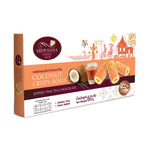 Sriwanna Coconut Crispy Rolls dipped in Thai tea, a 60g snack confectionery with crunchy texture and coconut flavor.