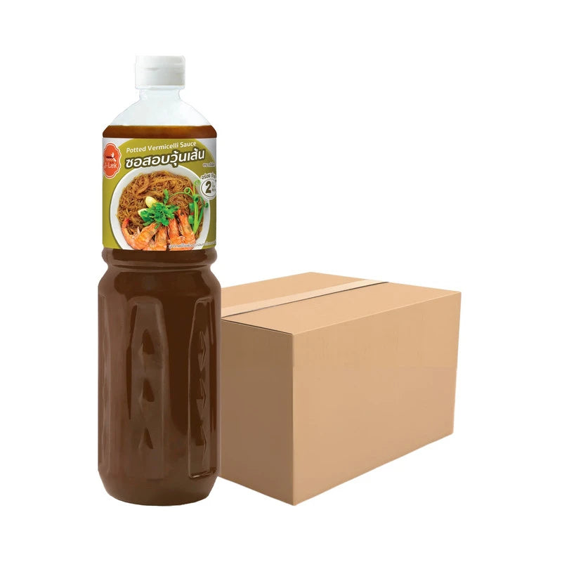 J-LEK Glass Noodle Sauce 560g bottle, pack of 6, showing bottles with label and transparent glass sauce inside