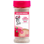 Lunn low sodium pink rock salt in a clear container, showing pink crystalline salt for cooking and seasoning in the grocery aisle.