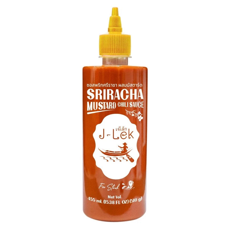J-LEK Sriracha Chili Sauce with Mustard in a 510g bottle, showing the spicy red chili sauce with mustard accents