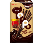 Lotte Toppo Cocoa confectionery snacks with biscuit sticks coated in chocolate, displayed in a close-up image.