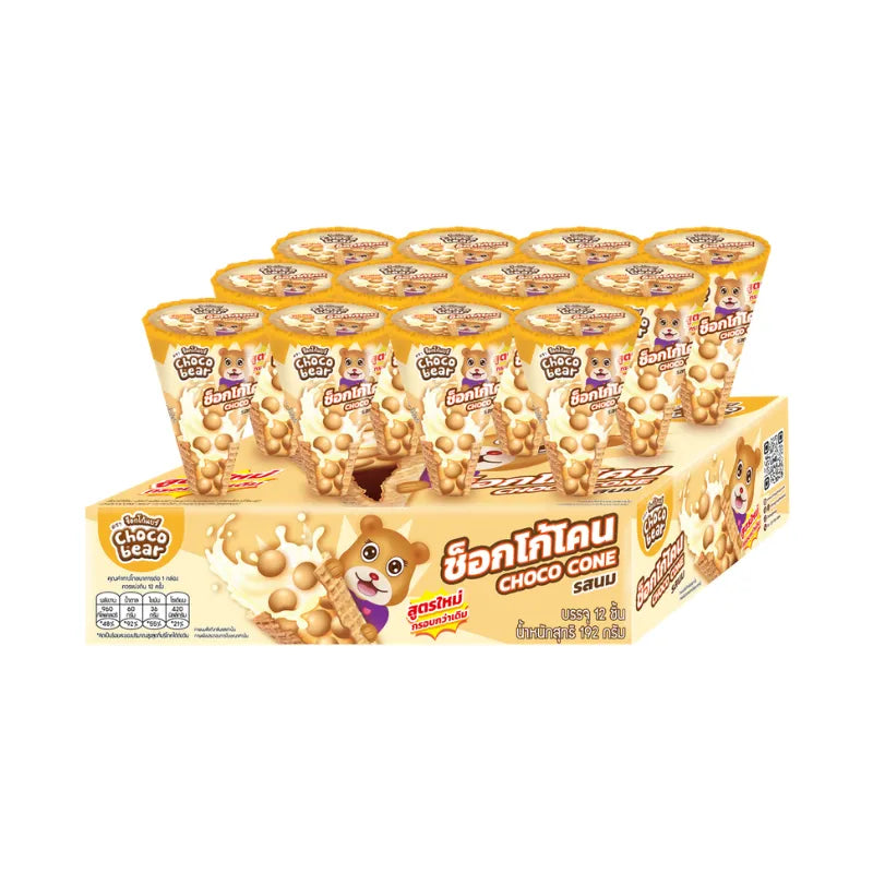 Choco Bear Chococone milk flavor snack, 16g x 12 pieces, showing crispy cone-shaped treats with chocolate and milk filling.