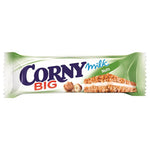 Corny Milik Nuts package with mixed nuts and cornflakes, displayed on a grocery shelf.