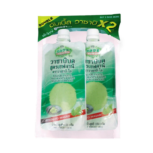 WASABI-O Wasabi Paste Kani Formula 150g package, creamy green Japanese wasabi condiment in two containers, close-up view.