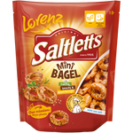 Lorenz Saltletts mini bagel snacks in a clear bag, showing crispy, salted mini bagels perfect for snacking.