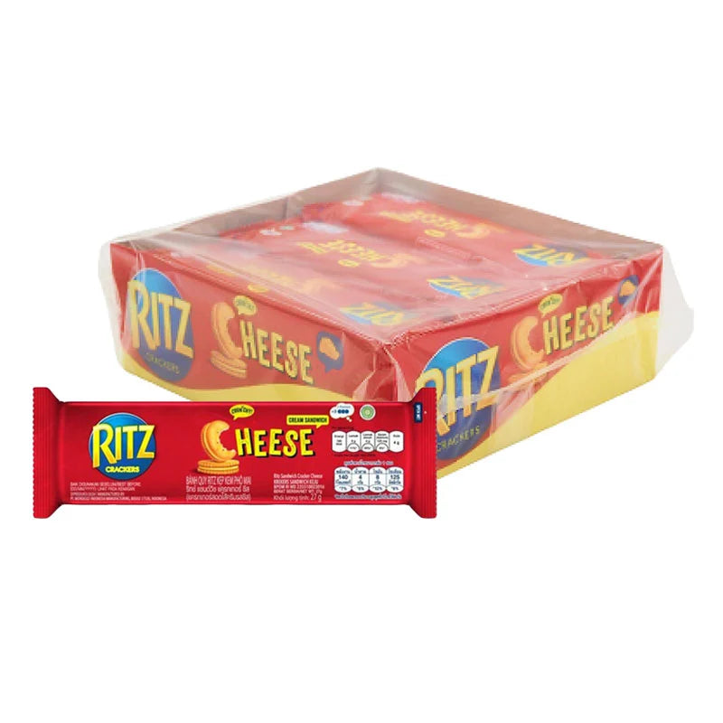 RITZ Cheese Crackers 27g pack, crispy golden crackers with cheese flavor, arranged in a row on a white background.