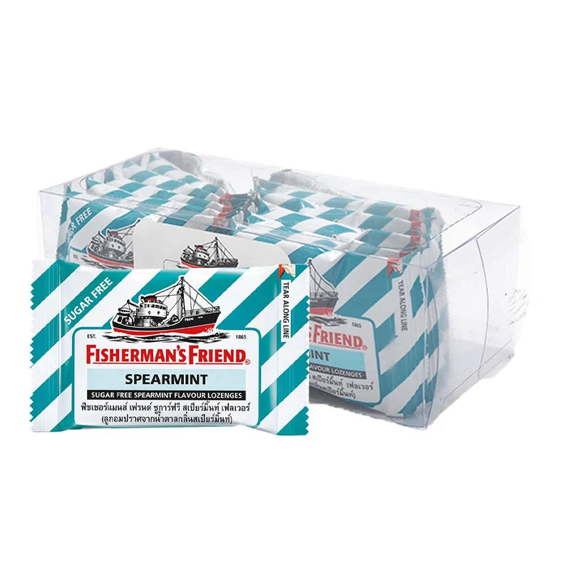 Fisherman's Friend Spear Mint Lozenges package with 12 lozenges, featuring fresh mint flavor and distinctive Fisherman's Friend branding.