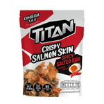 Titan Crispy Salmon Skin Spicy Salted Egg snack in a clear bag, showcasing golden crispy salmon skin with seasoning.