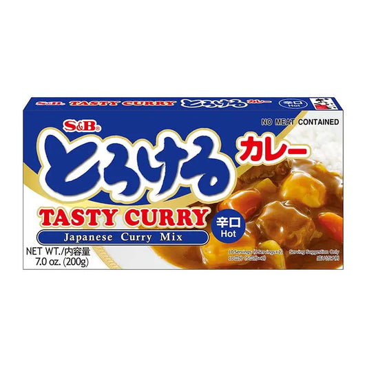 S&B Tasty Curry Japanese Curry Mix Hot 200g package, showing the product box with spicy curry seasoning for cooking.