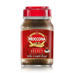 Moccona Select Coffee drink in a glass, showing rich coffee color and smooth texture, branded Moccona label visible.