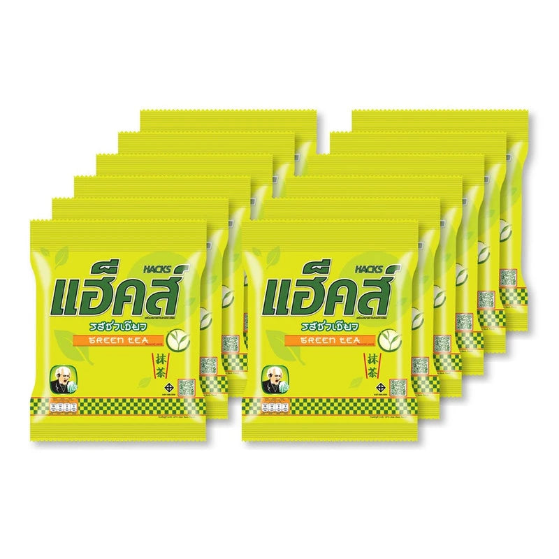 HACKS Candy Green Tea flavor, 24.3g, showing the colorful candy packaging with green tea branding and vibrant green and yellow colors.