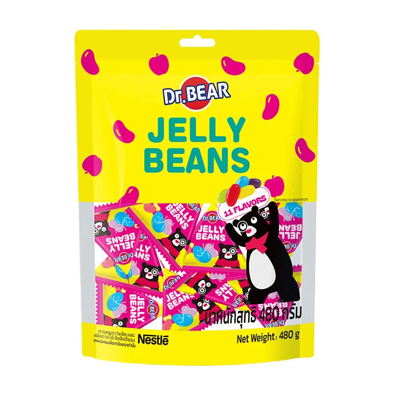 Assorted DR.BEAR Fruity Jelly Beans in a 480g bag showing colorful, shiny jelly beans with fruit flavors