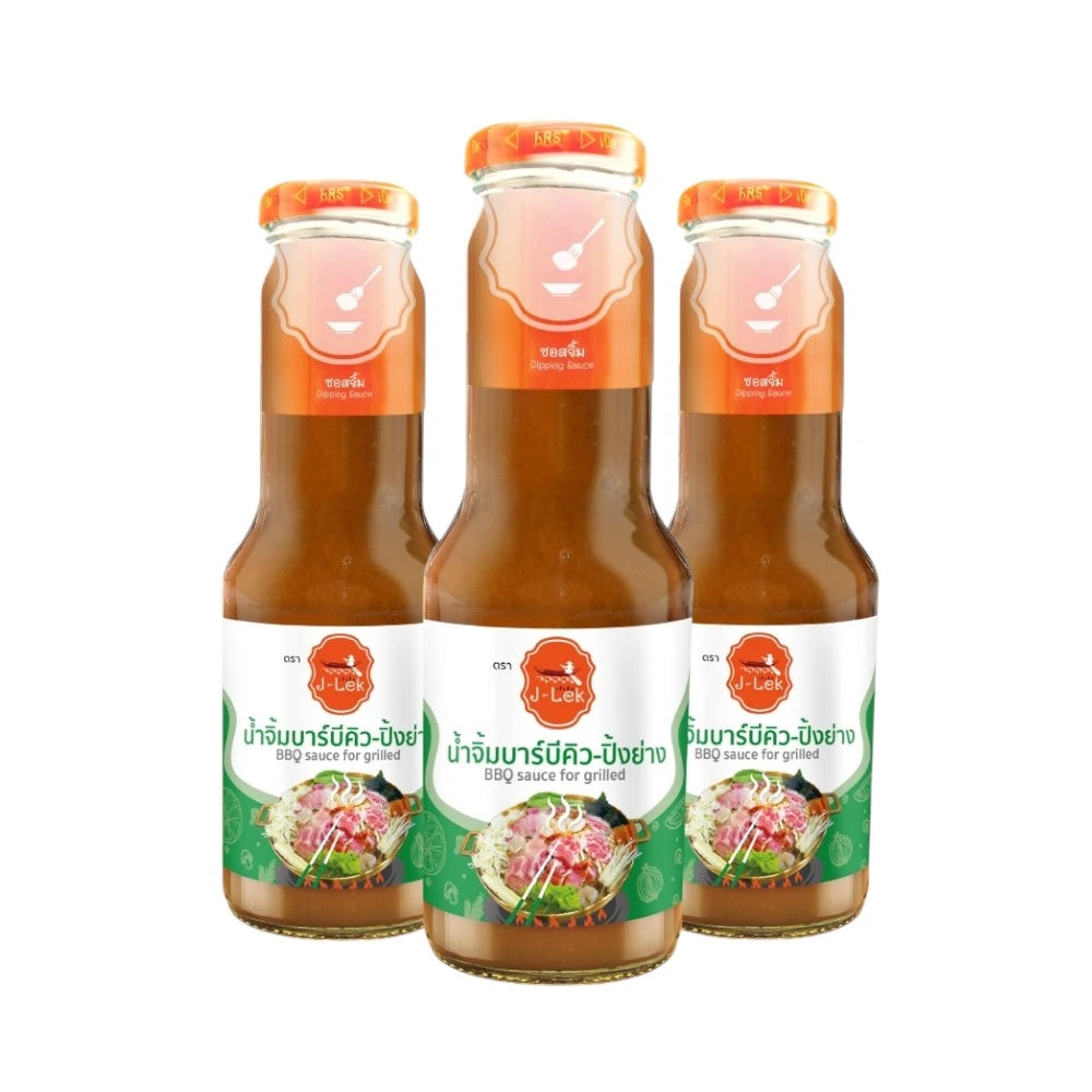 J-LEK barbecue dipping sauce bottles for grilling, 340g pack of 3, featuring rich, savory sauce for outdoor barbecue dishes.
