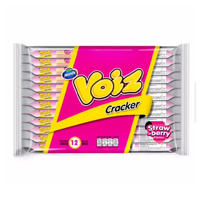 VOIZ Strawberry Crackers 24g, 12-pack, featuring crispy crackers with strawberry flavor, shown in a colorful package.
