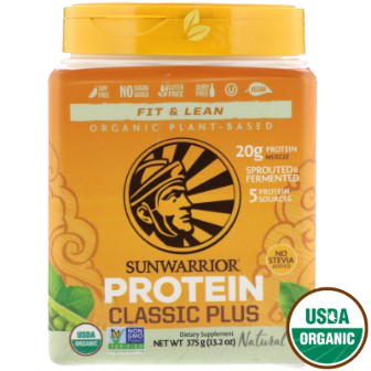 Sunwarrior Classic Plus Natural Protein powder in a jar, highlighting healthy plant-based supplement for fitness and wellness.