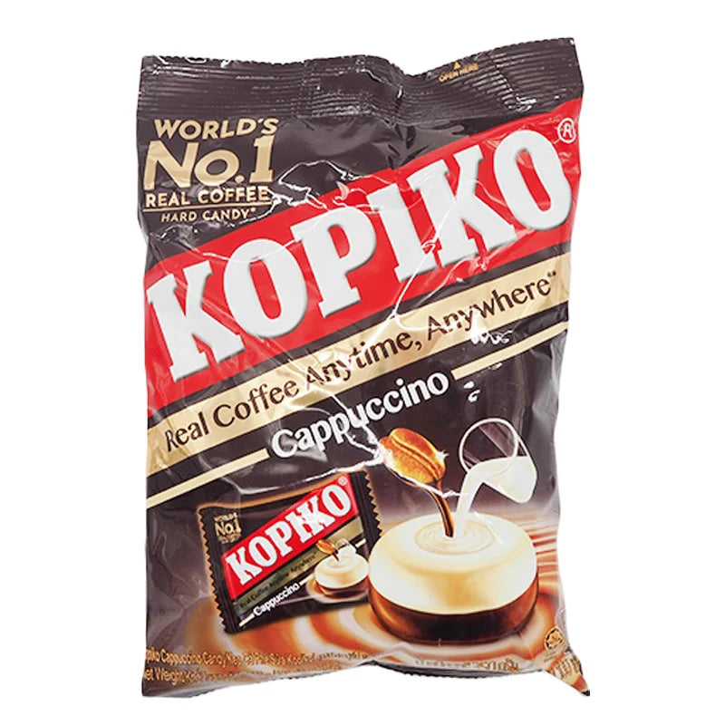 KOPIKO Cappuccino Candy 100-piece pack showing individually wrapped coffee-flavored candies in a bright package.