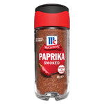 Mccormick Smoked Paprika 40g jar, dry grocery spice with vibrant red powder, used for adding smoky flavor to dishes.