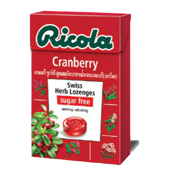Ricola Cranberry healthy confectionery snack featuring cranberry-flavored candies in colorful packaging.