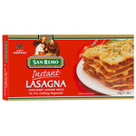 San Remo Instant Lasagna in a grocery package, showing the product packaging with branding and prepared lasagna in a dish