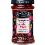 St. Dalfour Superfruits Strawberry & Goji in a jar, featuring vibrant strawberries and goji berries, for healthy snacking and recipes.