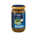 Jar of Cirio Pesto Sauce with basil and pine nuts, ready for pasta or sandwich use in a grocery setting.