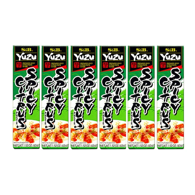 S & B Yuzu Kosho spicy citrus paste with yuzu peel, green chili, and sake in a 43g jar, shown in a 6-pack.
