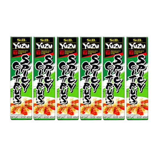 S & B Yuzu Kosho spicy citrus paste with yuzu peel, green chili, and sake in a 43g jar, shown in a 6-pack.