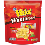 Voiz Cracker creamy butter flavor, confectionery snack with crispy crackers and rich butter taste, in colorful packaging.