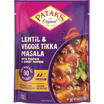 Bowl of Patak's Lentil and Veggie Tikka Masala in a white dish, showcasing the creamy, spiced vegetarian curry with lentils and vegetables.