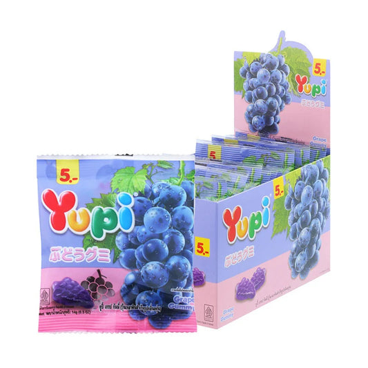 YUPI Gummy Grape candies in 14g packages, colorful grape-shaped gummies displayed on a white surface.