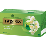 Twinings Jasmine Green Tea drink in a clear glass, showing the light green tea with jasmine flower infusion.
