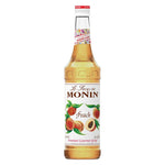 Monin Peach Syrup 700ml bottle for drinks and desserts, shown in a clear plastic container with peach flavor branding.