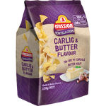 Mission Garlic & Butter Flavored Tortilla Chips, savory snack with crispy texture and golden appearance, perfect for snacking.