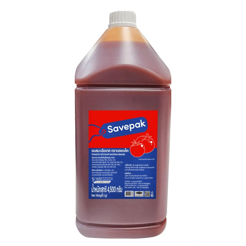 SAVEPAK Tomato Ketchup 4.5 kg bottle with red cap, smooth tomato sauce, and label displaying brand and product details.