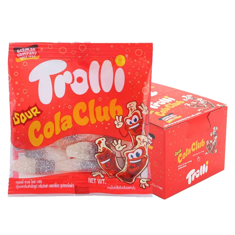 TROLLI Sour Cola Club Gummy Candy with cola flavor, 12g pack, showing colorful cola-shaped gummy candies on a white background.