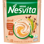 Nestle Nesvita Instant Cereal Latte drink in a glass showing creamy latte with cereal pieces on top.