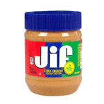 Jar of Jif Crunchy Peanut Butter with visible textured peanut pieces in a clear glass jar.